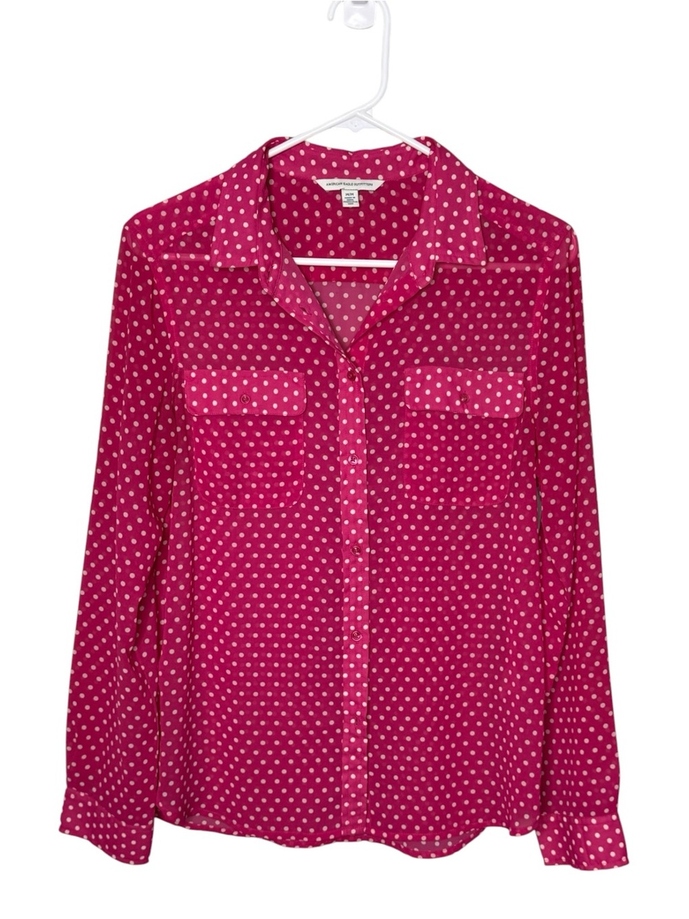 American Eagle Pink White Polka Dot Button Down Blouse Size Medium
